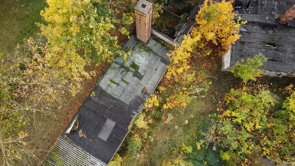 Вид Воздуха Каменные Крыши Дома Возле Осенних Деревьев — стоковое фото