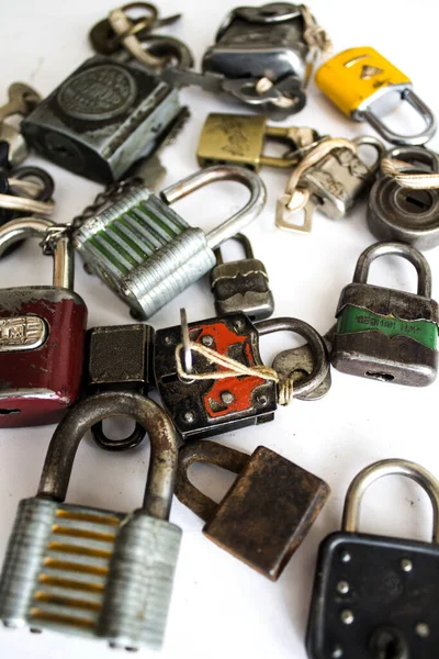 Many Old Keys Locks Isolated White Background — Stock fotografie