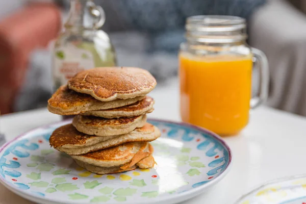 Stack Pancakes Glass Fresh Orange Juice — Photo