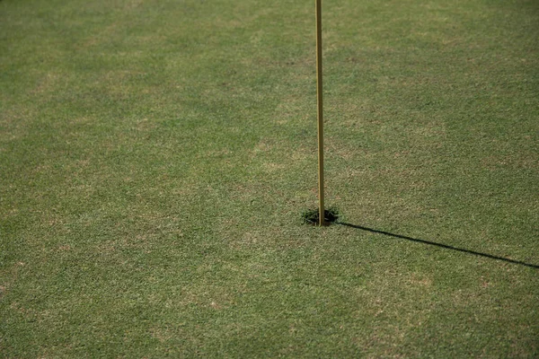 太陽の光の下で芝生に覆われたフィールド内のゴルフホール — ストック写真
