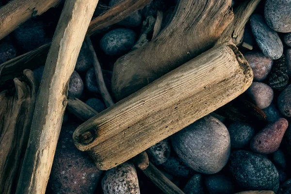 Eine Nahaufnahme Von Steinen Und Holzelementen Strand Der Ostsee Litauen — Stockfoto