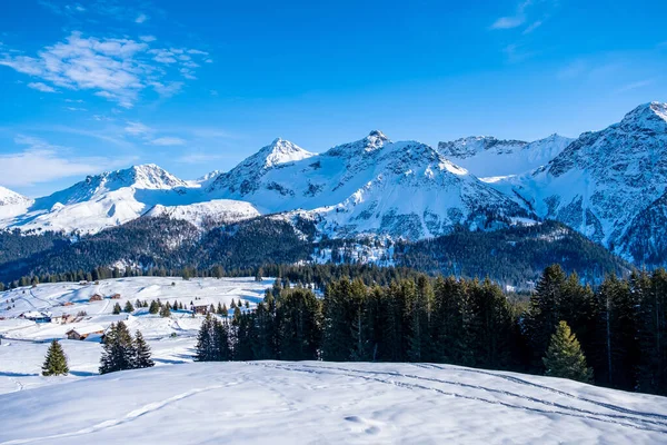 Zimní Pohled Zasněžené Hory Les Modrou Oblohou Pozadí Arosa Švýcarsko — Stock fotografie