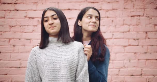 Kvinnliga Vänner Poserar Kameran Framför Tegelvägg — Stockvideo