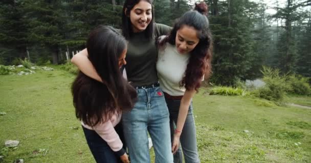 Female Friends Spending Time Together Forest — Stock Video
