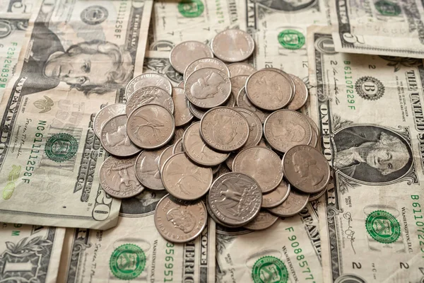 Много Старых Монет Банкнотах Доллара Сша Концепция Мировых Денег — стоковое фото