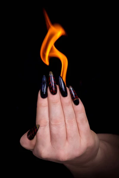 Vertical Shot Hand Long Dark Acrylic Nails Fire Isolated Black — Stock Photo, Image