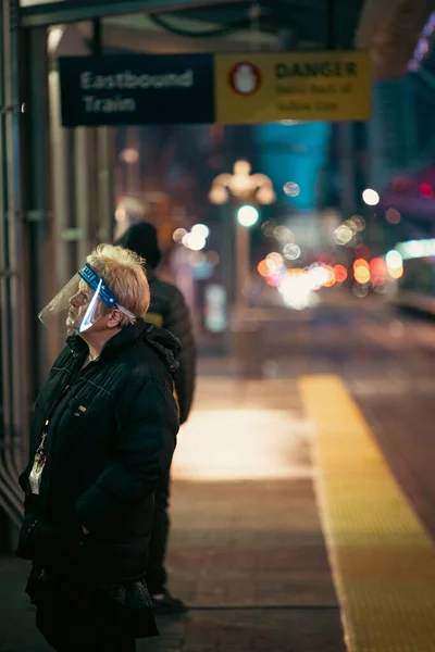 Calgary Canada Nov 2021 White Woman Wears Clear Face Mask — Stock Photo, Image