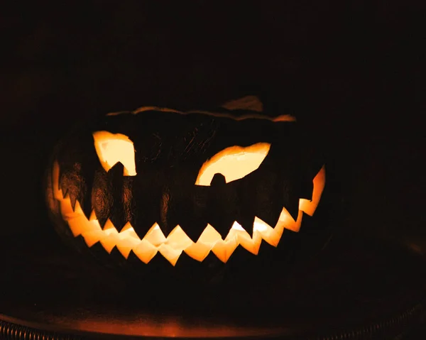 Ένα Κοντινό Πλάνο Μιας Σκαλισμένης Κολοκύθας Halloween Halloween Concept — Φωτογραφία Αρχείου