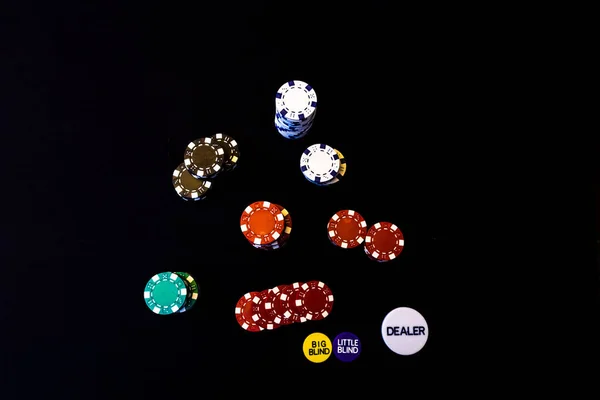 Top View Colorful Poker Chips Big Blind Little Blind Dealer — Stok fotoğraf
