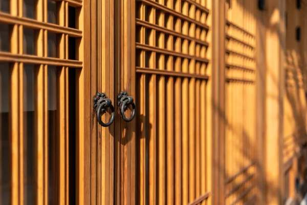在阳光下对建筑物木门的选择性聚焦拍摄 — 图库照片