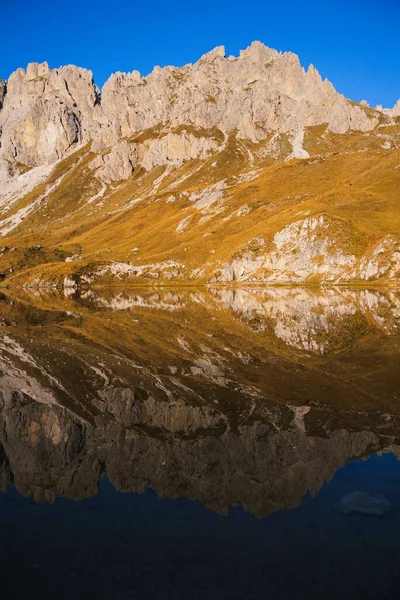 Vertical Shot Mountains Trees Reflected Alpine Lake — Stok fotoğraf