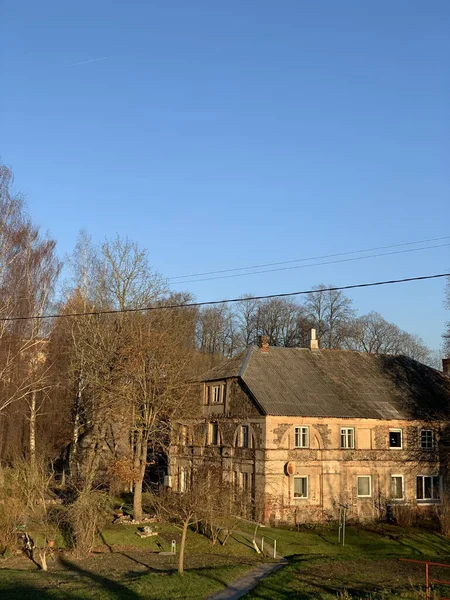 Vertical Shot Abandoned House Wild Nature Blue Sky Background — Stockfoto