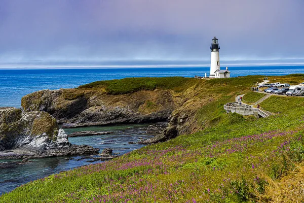 Vue Imprenable Sur Paysage Marin Avec Phare Yaquina Head Newport — Photo