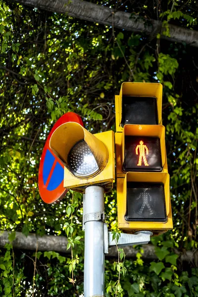 Ertical Closeup Shot Traffic Lights Για Πεζούς Στη Βαρκελώνη Καταλονία — Φωτογραφία Αρχείου