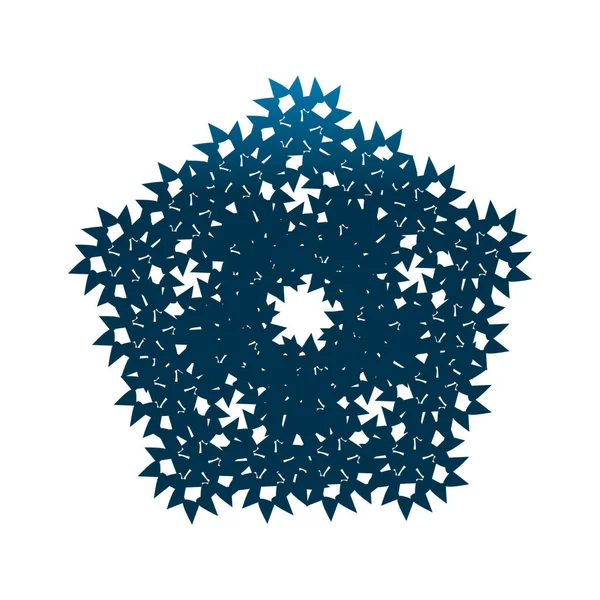 A teal illustration of small flower shapes making up a pentagon resembling a snowflake ornament