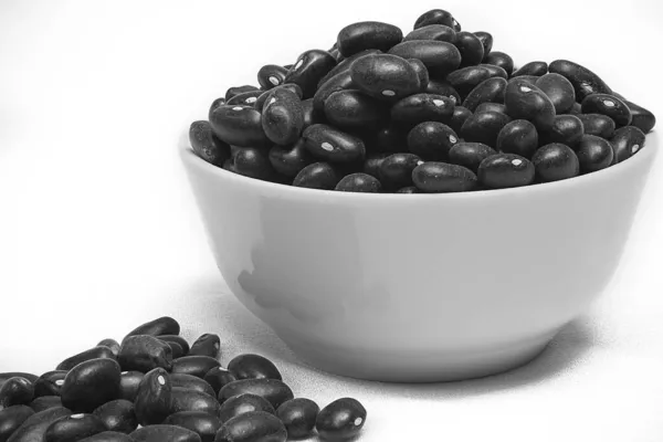 白い背景に隔離された白いセラミックボウルに黒いカメの豆 健康食品のコンセプト — ストック写真