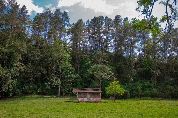 Sebuah Konstruksi Kecil Lapangan Dengan Pohon Latar Belakang — Stok Foto
