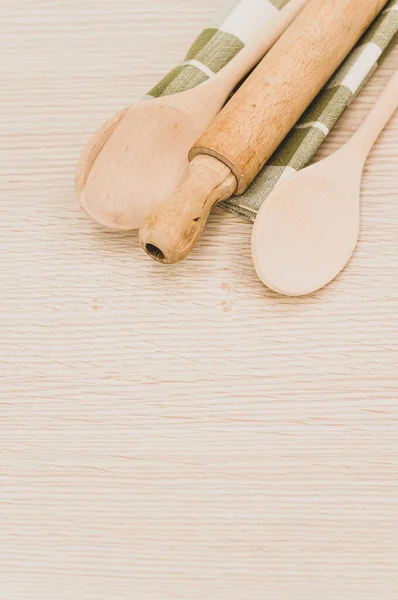 Természetes Fából Készült Konyhai Eszközök Egy Asztali Szalvéta Fából Készült — Stock Fotó