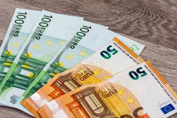 Banconote 100 Euro Una Superficie Legno — Foto Stock