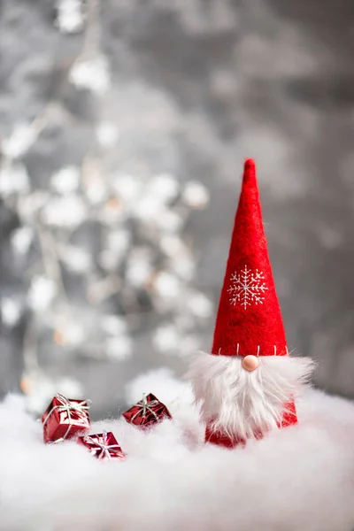 Christmas Gnome Greeting Card Bokeh Lights Snow Winter Season Gift — Stock Fotó
