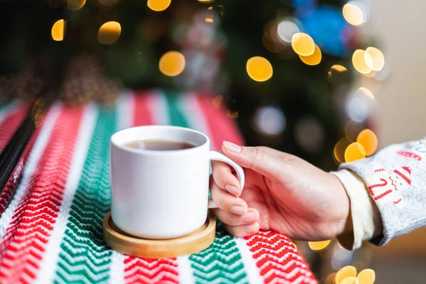 Closeup Shot Cup Hot Chocolate Christmas Tree — Stockfoto