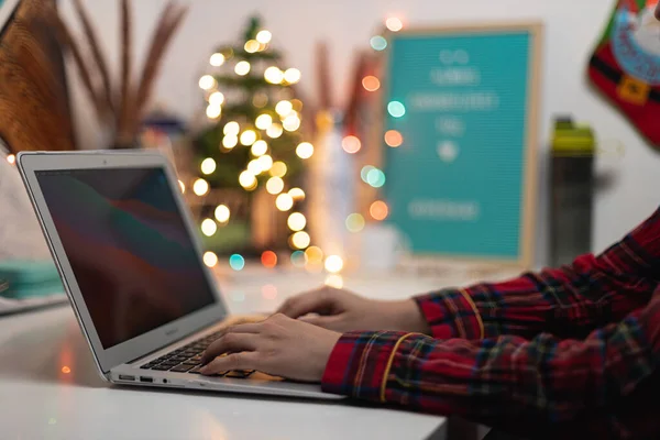 Closeup Shot Person Cozy Christmas Pajamas Working Laptop Home — стоковое фото