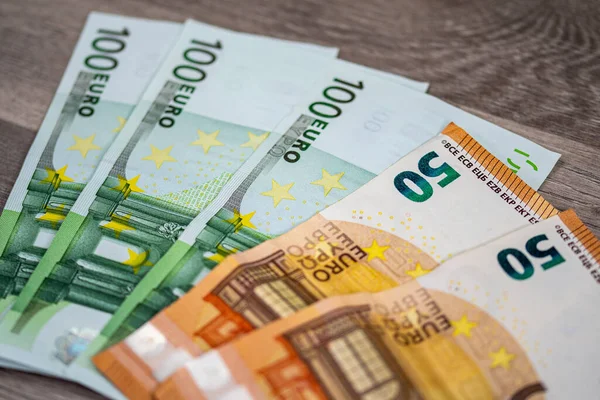 Banconote 100 Euro Una Superficie Legno — Foto Stock