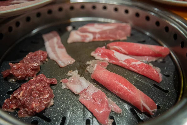 Pan Fresh Raw Meat Being Grilled Korean Bbq Process — Zdjęcie stockowe