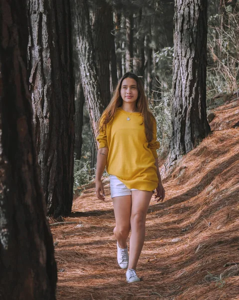 Een Aantrekkelijk Jong Meisje Een Gele Blouse Wandelend Het Bos — Stockfoto