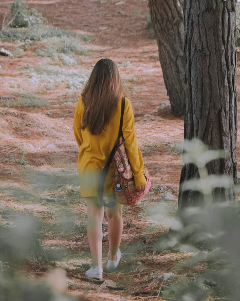 Привлекательная Молодая Девушка Желтой Блузке Гуляющая Лесу — стоковое фото