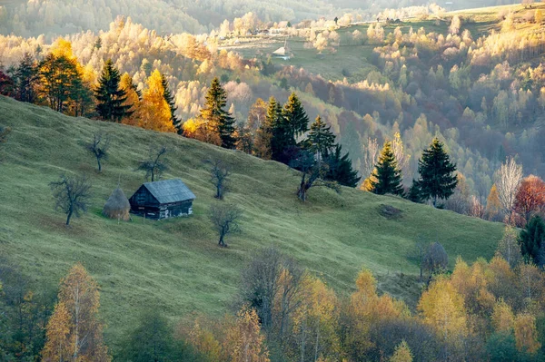 山上一座小房子的美丽景色 周围是五彩缤纷的树木 — 图库照片