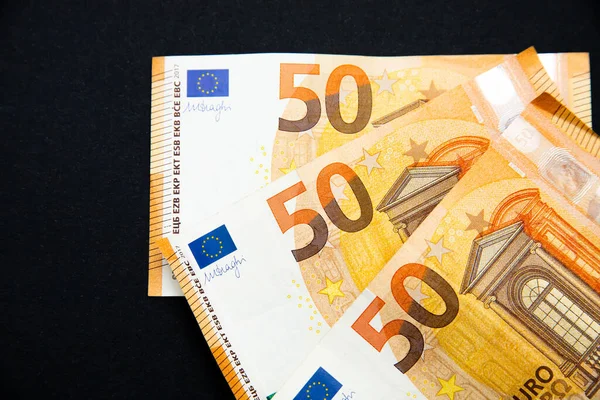 Ovanifrån Eurosedlar Svart Bakgrund — Stockfoto