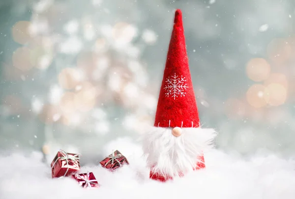 Christmas Gnome Greeting Card Bokeh Lights Snow Winter Season Gift — Fotografia de Stock