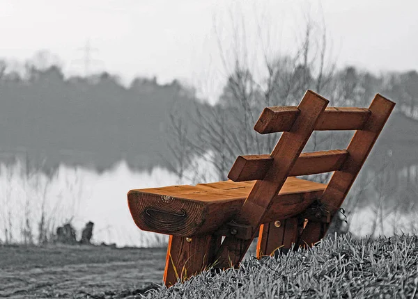 Närbild Bänk Höstparken Med Gråskala Del — Stockfoto