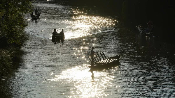 Boats Neckar River Sunny Day Reflections — Stok Foto