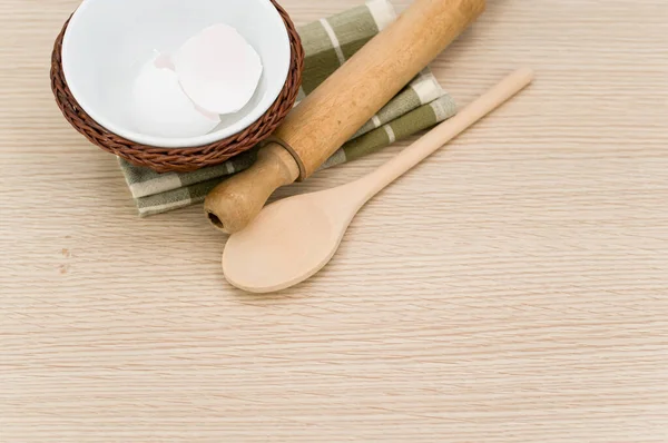 Natural Wood Kitchen Utensils Table Napkin Wooden Background Copy Space — Stock Photo, Image