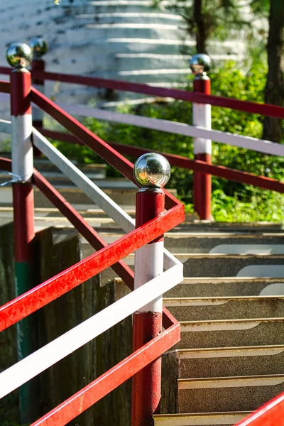 Closeup Stairs Red White Fence — Stockfoto