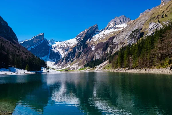 Vista Del Lago Seealpsee Nel Gruppo Alpstein Del Cantone Appenzell — Foto Stock