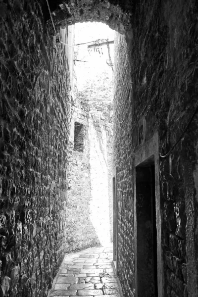 Vertical Grayscale Shot Narrow Pathway Stone Wall Building — ストック写真