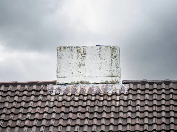 Close View Concrete Chimney Grey Painted Concrete Tile Roof — стоковое фото