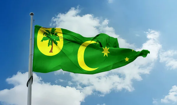 Una Bandera Las Islas Cocos Ondeando Poste Cielo Azul —  Fotos de Stock