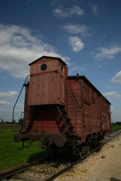 Antique Train Auschwitz Blue Sky Background — Fotografia de Stock