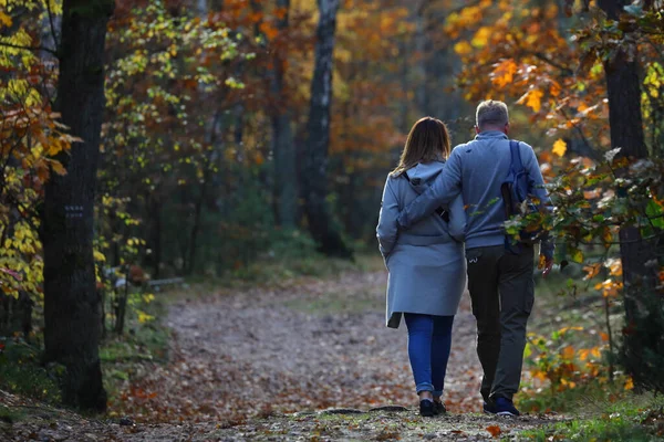 Mid Age Couple Walking Autumn Forest — Fotografia de Stock