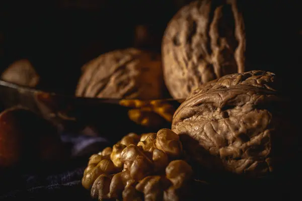 Closeup Shot Walnuts Dark Background — Photo