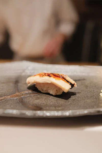 Tiro Perto Sashimi Uma Placa Pedra — Fotografia de Stock