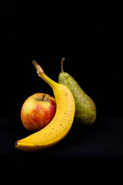 Vertical Shot Apple Banana Pear Isolated Black Background — Fotografia de Stock