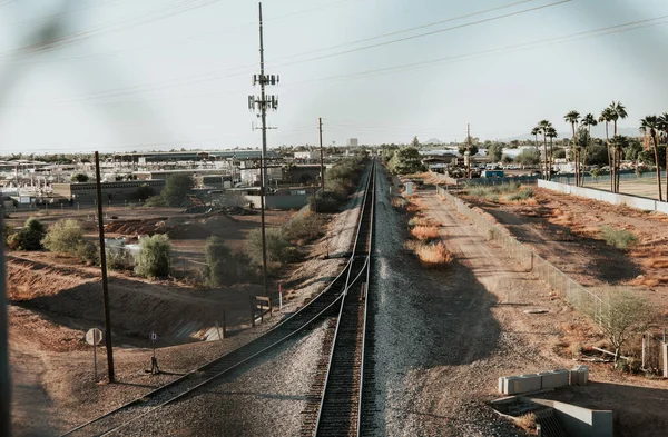 Pov Railway Tracks Metal Fence — Φωτογραφία Αρχείου