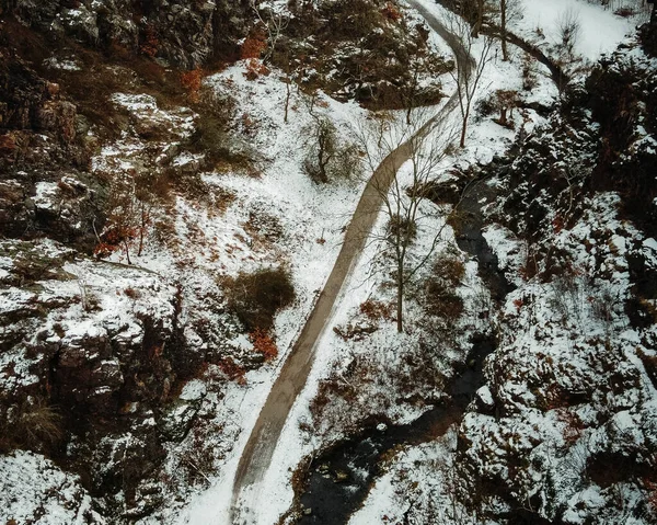 Scenic Shot Roadway Goes Snowy Mountains — стоковое фото