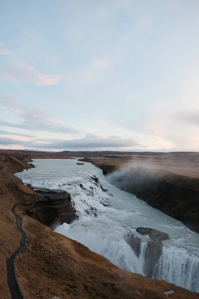 Natural View Famous Gullfoss Waterfall Iceland Cloudy Sky — 스톡 사진