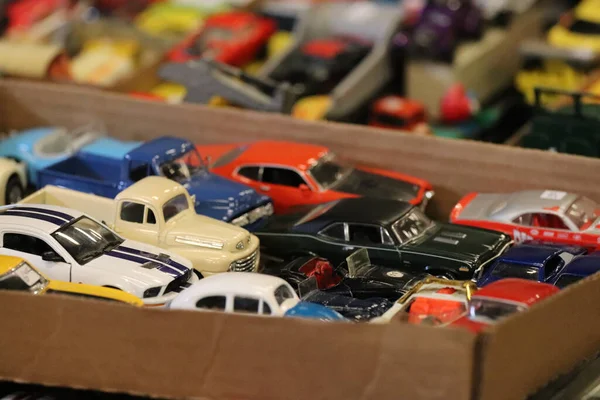 Box Many Car Toys Flea Market — Stockfoto